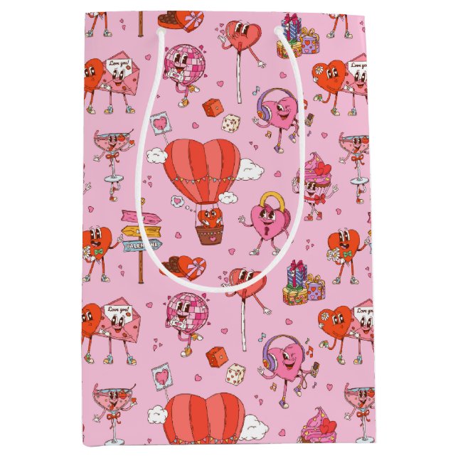 Retro Groovy Valentine Cartoons Medium Gift Bag (Front)