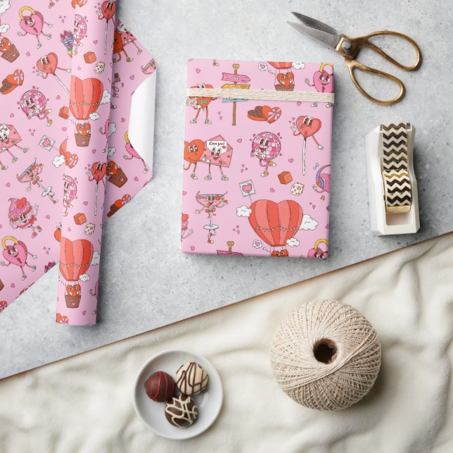 Retro Groovy Valentine Cartoons Wrapping Paper (Crafts)