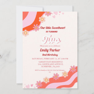 Retro Groovy Valentine Sweetheart 2nd Birthday Invitation