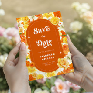 Retro Groovy Vibrant Yellow Orange Floral Wedding Invitation
