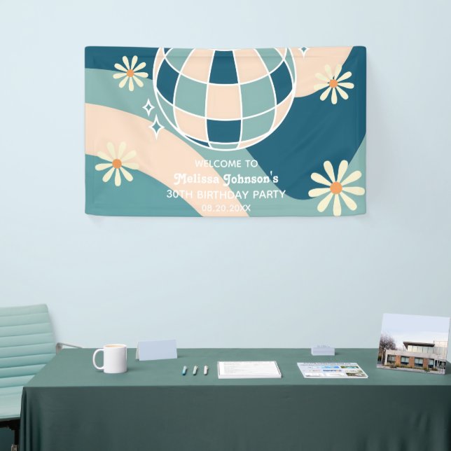 Retro Groovy Wave Disco Ball Daisy Green Birthday Banner (Tradeshow)