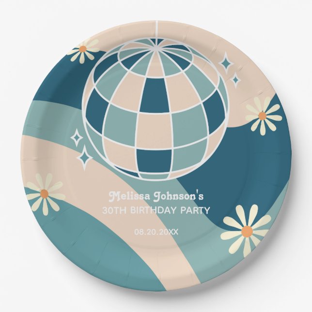 Retro Groovy Wave Disco Ball Daisy Green Birthday Paper Plate (Front)