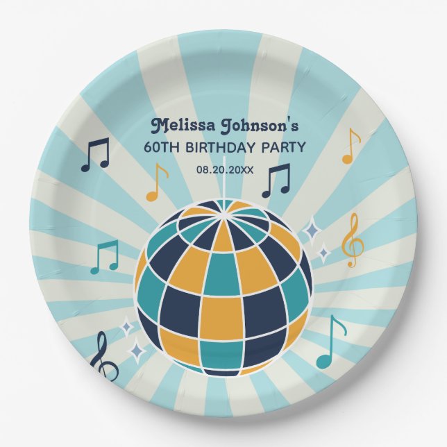 Retro Groovy Wave Disco Ball Musical Blue Birthday Paper Plate (Front)