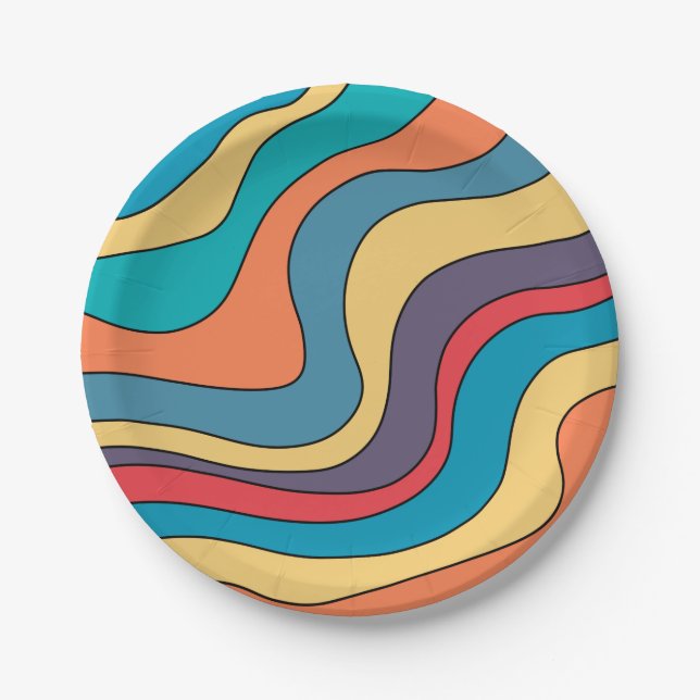 Retro Groovy Waves Colourful Art Hippie 70s Rainbo Paper Plate (Front)