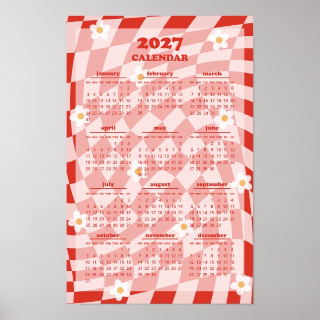 Retro Groovy Wavy Chequered Pattern 2027 Calendar Poster (Front)