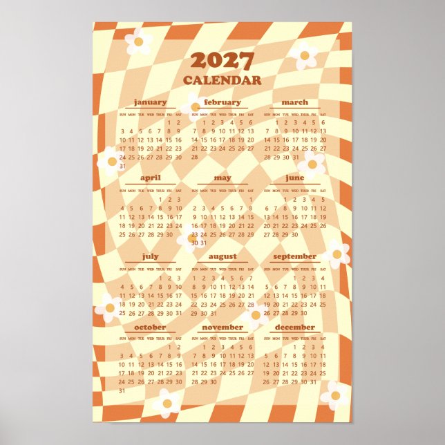 Retro Groovy Wavy Chequered Pattern 2027 Calendar Poster (Front)
