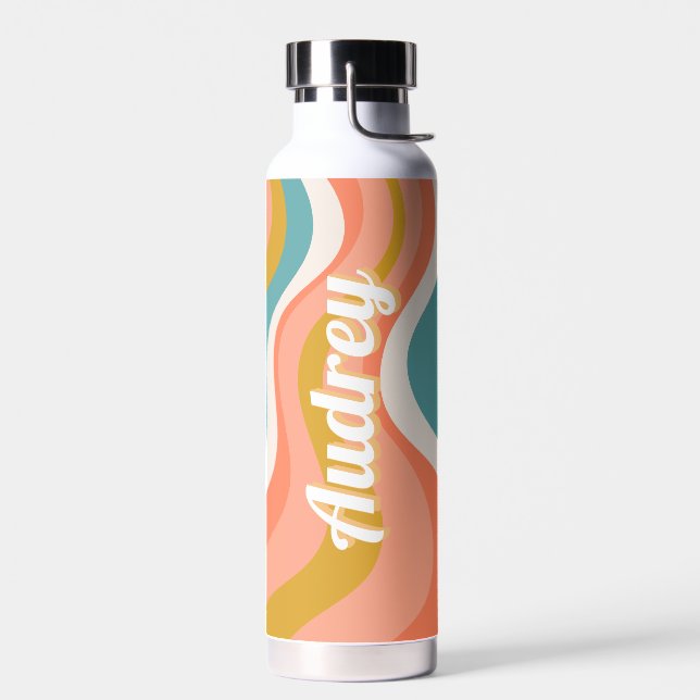 Retro Groovy Wavy Pattern Personalized Name Water Bottle (Left)