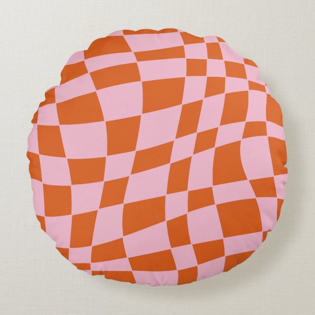 Retro Groovy Wavy Psychedelic Chequerboard Check Y Round Pillow (Front)