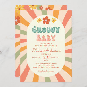 Retro Groovy Wavy Sunshine Flower Baby Shower Invitation