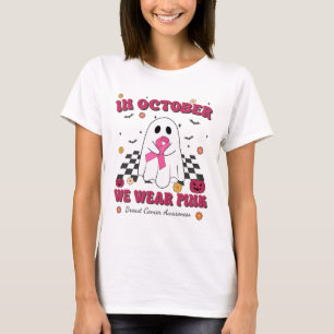Retro Groovy We Wear Pink Ghost Breast Cancer Awar T-Shirt
