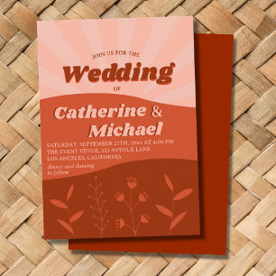 Retro Groovy Wildflower Terracotta Orange Wedding Invitation