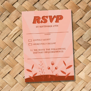 Retro Groovy Wildflower Terracotta Orange Wedding RSVP Card