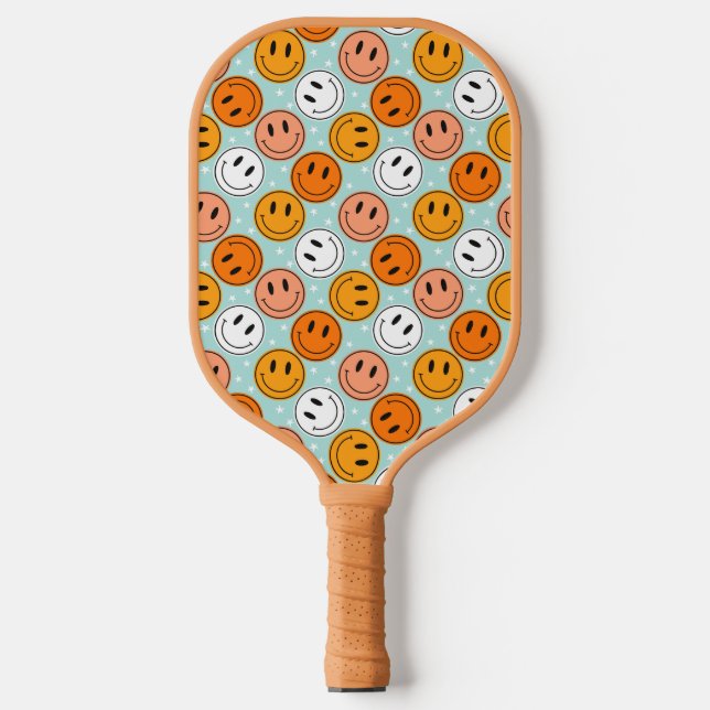 Retro groovy yellow &orange  funny smile emoji  pickleball paddle (Front)