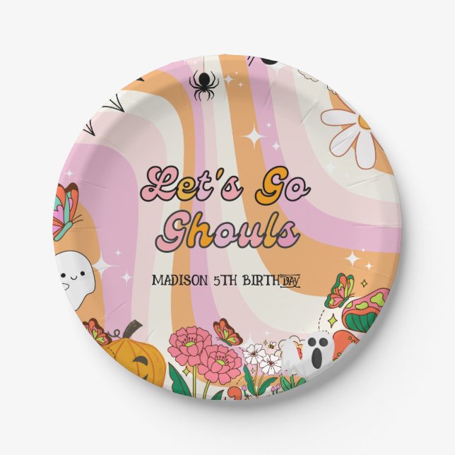  Retro Grooy Let's go ghoul Halloween Birthday Paper Plate (Front)