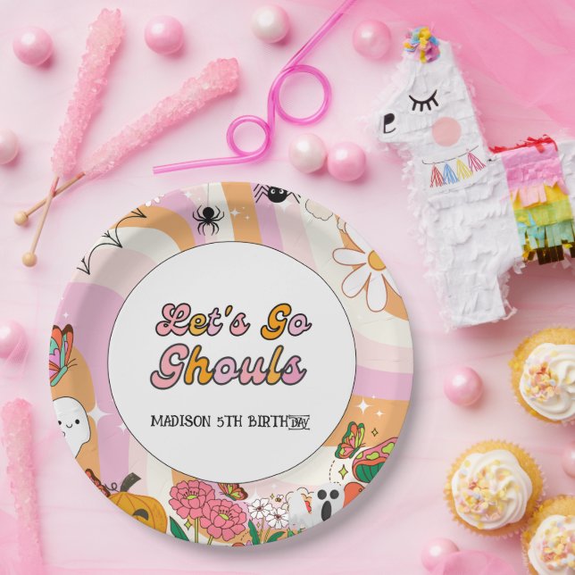  Retro Grooy Let's go ghoul Halloween Birthday Paper Plate (Party)