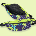 Retro Grunge Paint Splash Monogrammed Blue Cool   Fanny Pack<br><div class="desc">Cool distressed fanny pack design features a grunge paint splash pattern in lime green, teal & white on a dark blue background. Customize the space above the zipper with three initials in the fun coordinating dark blue font on a distressed lime green background with the simple-to-use template. Perfect unique useful...</div>