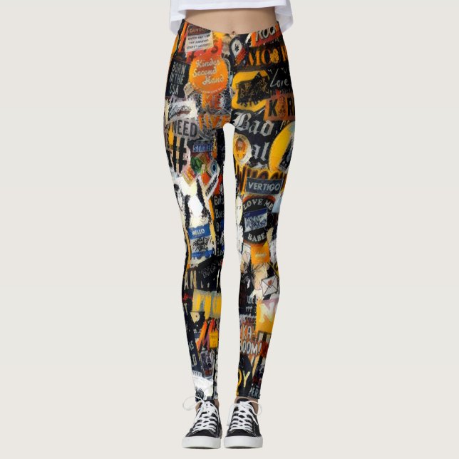 Retro, grunge stickers wall pattern, 90s theme leggings (Front)