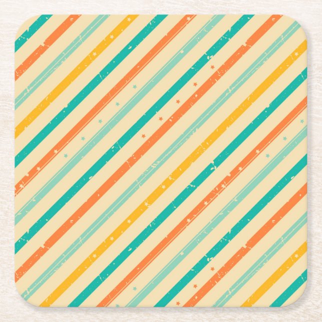Retro grunge striped pattern square paper coaster (Front)