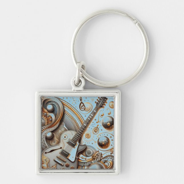 Retro Guitar Metallic Flair Personalized Keychain (Front)