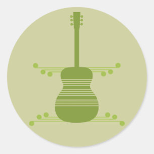 Retro Guitar Stickers, Olive Green Classic Round Sticker