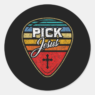 Retro Guitarist Guitar Pick Christian Music Jesus Classic Round Sticker