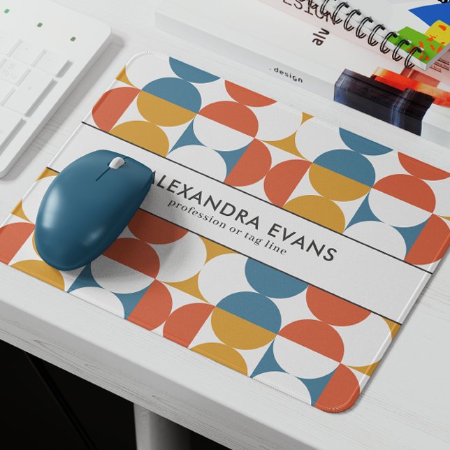 Retro half circle scallop bold blue orange yellow  mouse pad (Customizable Mouse Pad with Name and Profession with vintage retro geometric pattern in blue orange )