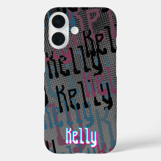 Retro Halftone Pink and Blue Name Collage iPhone 16 Case