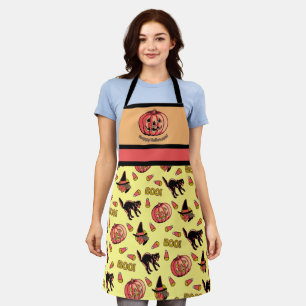 Retro Halloween Apron with Cat Witch and Pumpkin