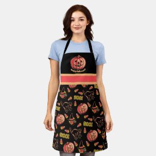 Retro Halloween Apron with Cat Witch and Pumpkin