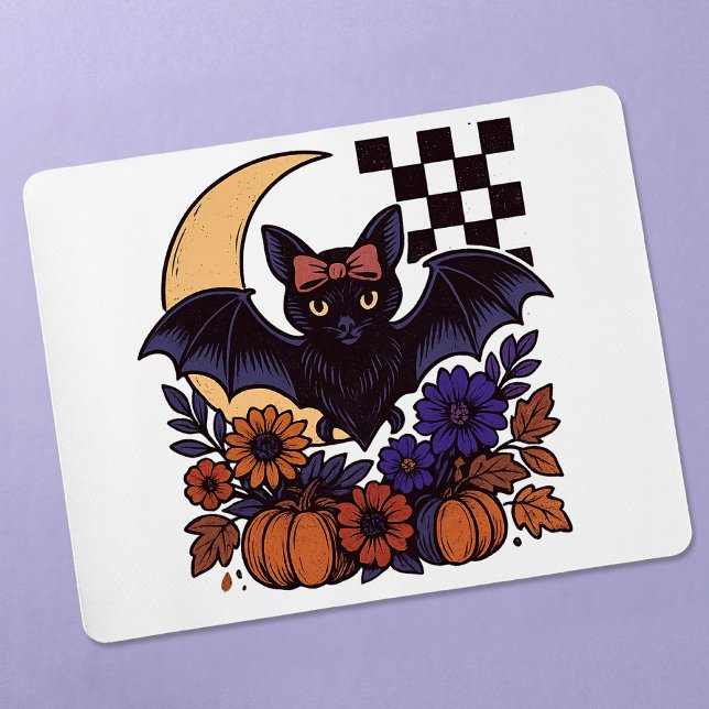 Retro Halloween Bat With Moon Gothic Aesthetic Mouse Pad (This retro Halloween bat design captures spooky charm with a gothic twist.)