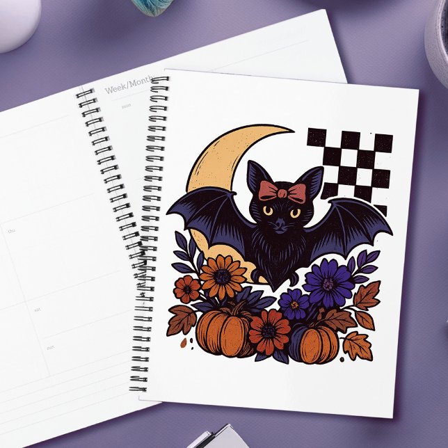 Retro Halloween Bat With Moon Gothic Aesthetic Planner (This retro Halloween bat design captures spooky charm with a gothic twist.)