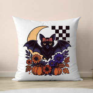 Retro Halloween Bat With Moon Gothic Aesthetic Throw Pillow