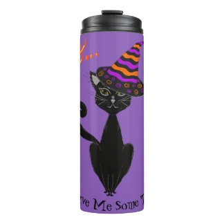 Retro Halloween Black Blasé Cat with Witches Hat Thermal Tumbler