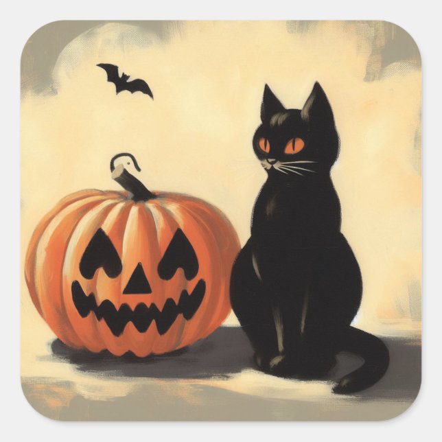 Retro Halloween Black Cat and Pumpkin Square Sticker (Front)