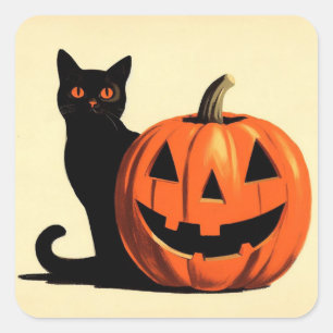 Retro Halloween Black Cat and Pumpkin Square Sticker
