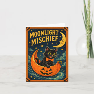 Retro Halloween Black Cat & Moon Holiday Card