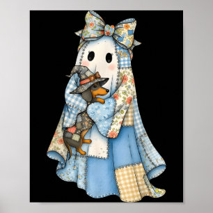Retro Halloween Blue Denim Ghost Dachshund Funny  Poster