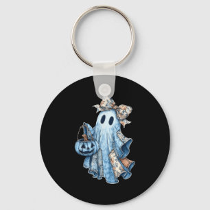 Retro Halloween Blue Denim Ghost Floral Patchwork  Keychain