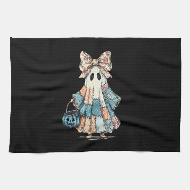 Retro Halloween Blue Denim Ghost Kitchen Towel (Horizontal)