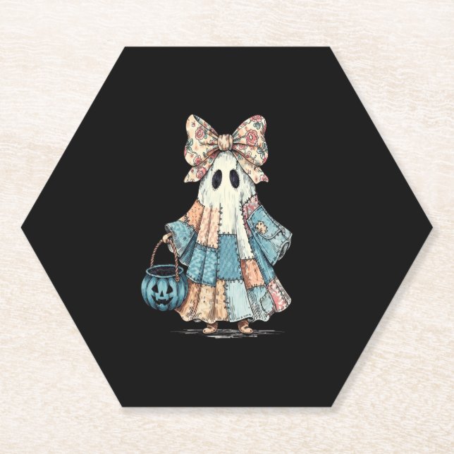 Retro Halloween Blue Denim Ghost Paper Coaster (Front)