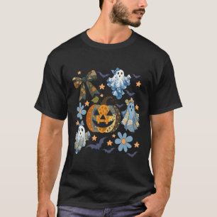 Retro Halloween Blue Denim Ghost Patchwork Spooky  T-Shirt