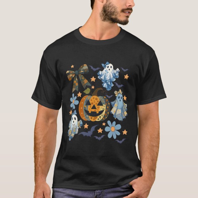 Retro Halloween Blue Denim Ghost Patchwork Spooky  T-Shirt (Front)