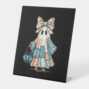 Retro Halloween Blue Denim Ghost Pedestal Sign