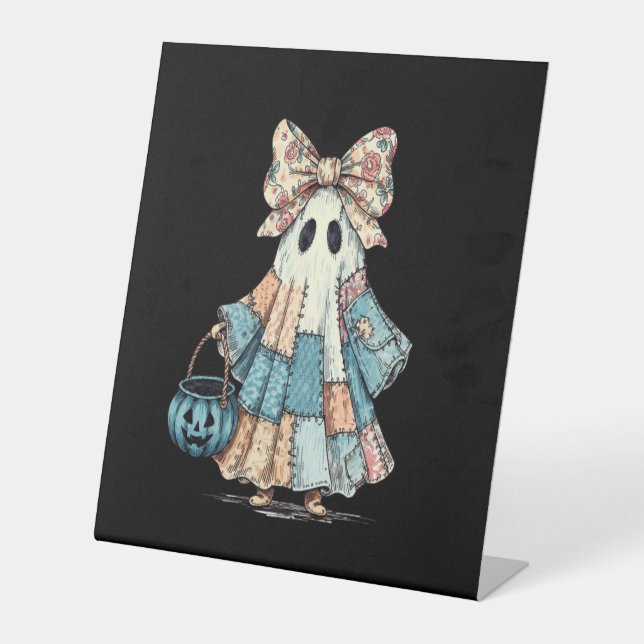 Retro Halloween Blue Denim Ghost Pedestal Sign (Front)