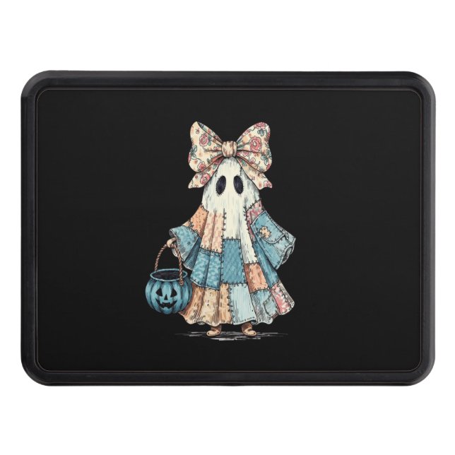 Retro Halloween Blue Denim Ghost Trailer Hitch Cover (Front)