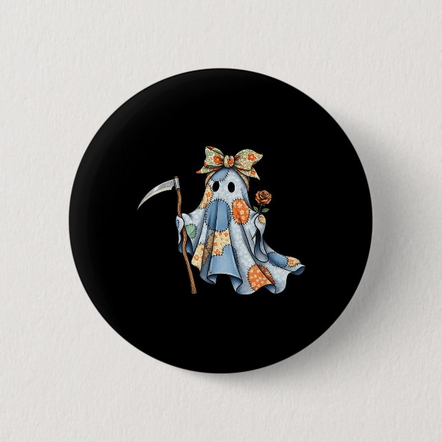 Retro Halloween Blue Denim Ghost Trendy Patchwork  2 Inch Round Button (Front)