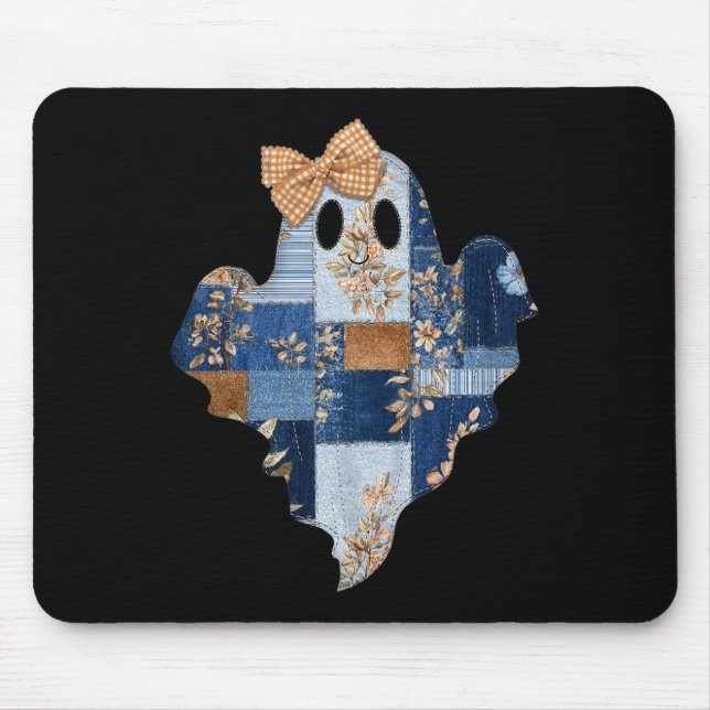 Retro Halloween Blue Denim Patchwork Ghost Boo Coq Mouse Pad (Front)