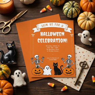 Retro Halloween Celebration Banner Ribbon Skeleton Invitation