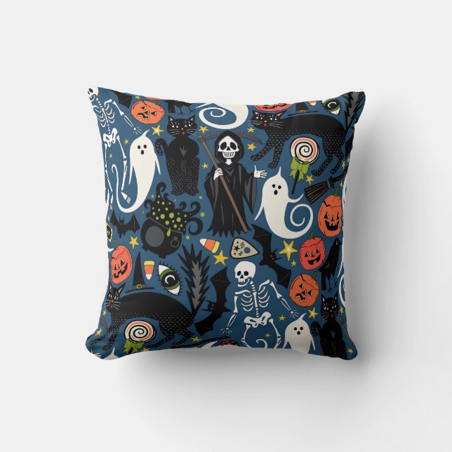 retro halloween cobalt throw pillow (Front)