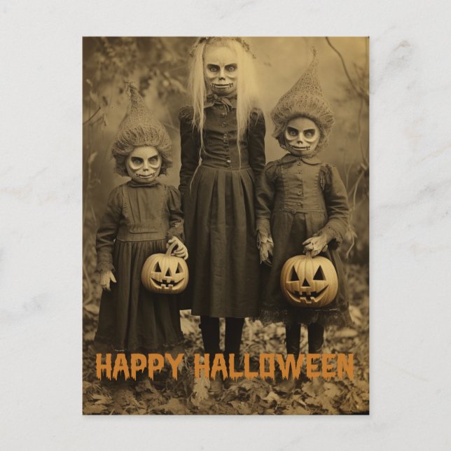 Retro Halloween creepy kids with carved pumpkins Postcard (Front)